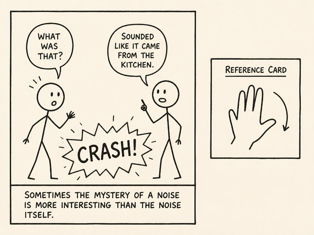Hand-drawn comic panel with two stick figures, a jagged CRASH sound-effect burst, and a caption box below, next to a small hand-shape sign reference card