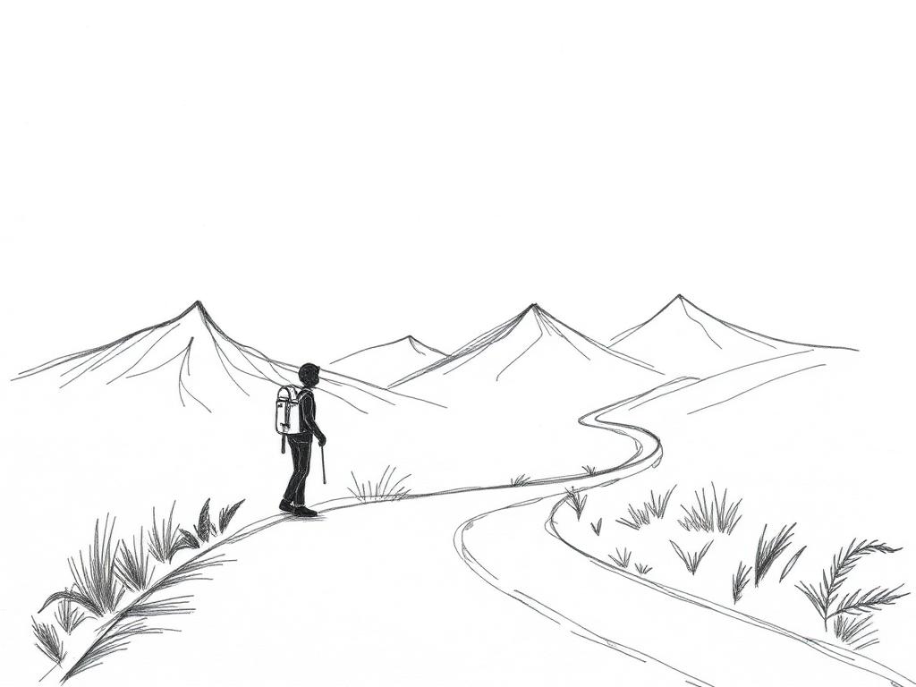 Hand-drawn sketch of a long road winding out of a valley toward distant mountains