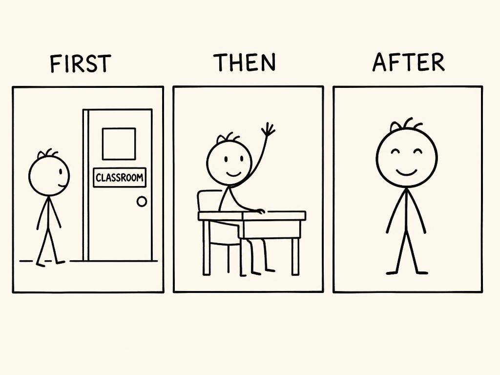 Three hand-drawn stick-figure panels labelled First, Then and After: a child at a classroom door, sitting at a desk raising a hand, then standing calmly