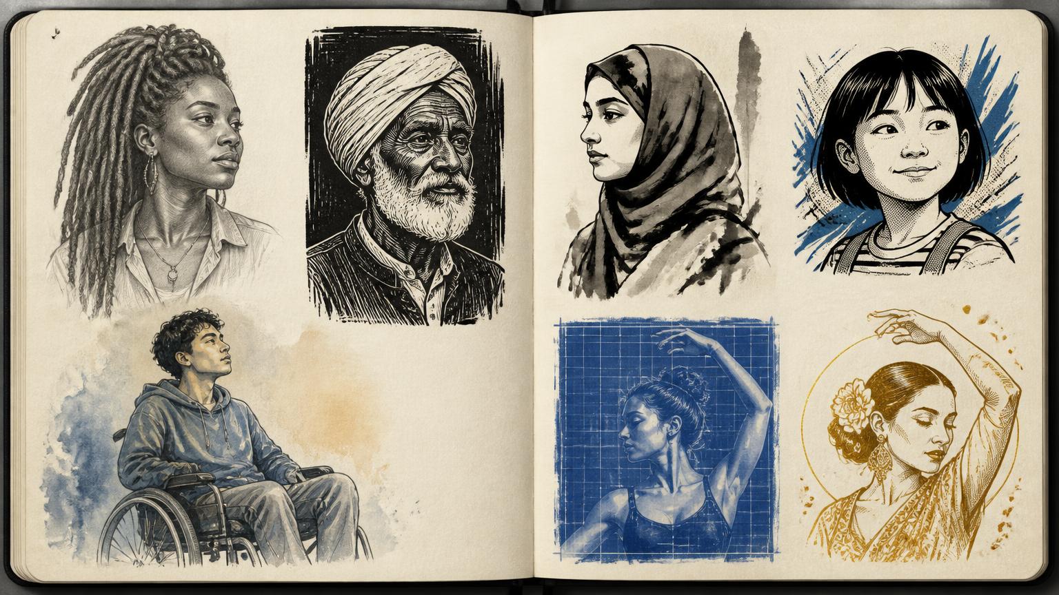 Diverse cast redrawn across every living-ink style preview frame